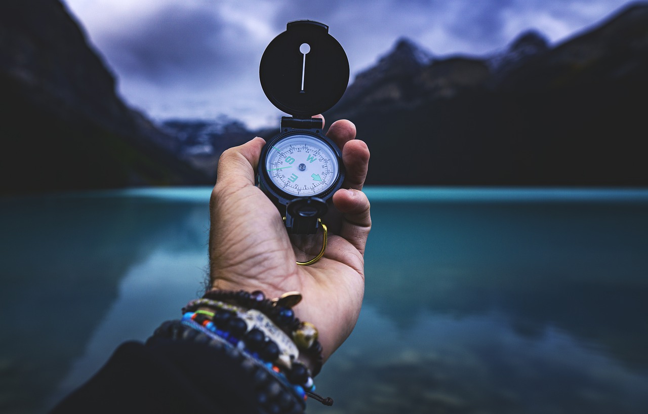 compass, hand, lake